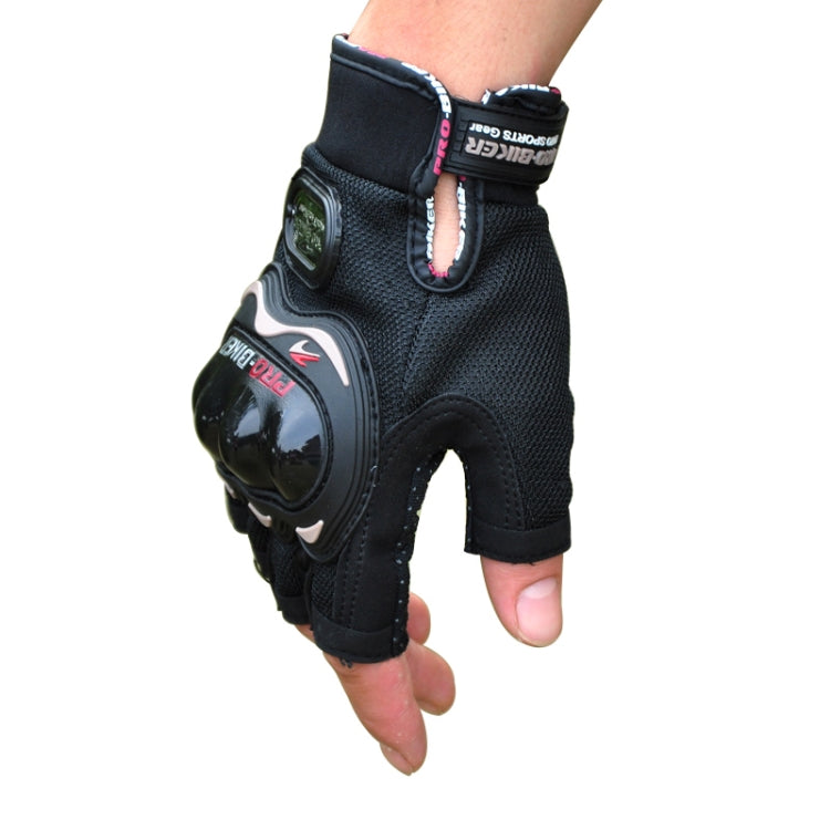 Black half-finger cycling glove with armored knuckles and hook-and-loop wrist strap