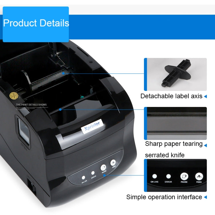 Thermal label printer with open bay, detachable label axis, and control buttons
