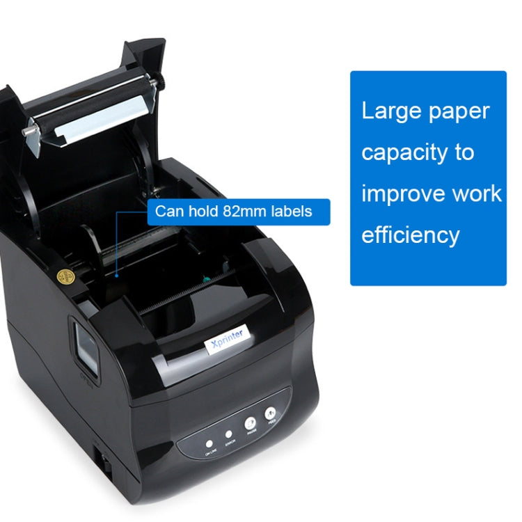 Thermal label printer with open bay and 82mm label capacity