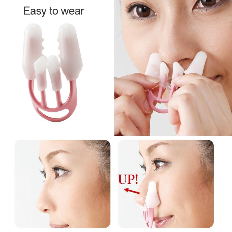 Nose clip orthosis held to nose with pink frame and three white support pads