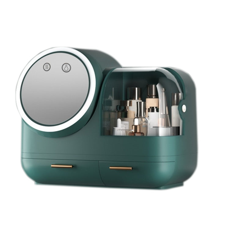 Green desktop makeup storage box with round mirror, LED ring light, and front drawers