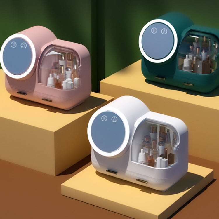 Desktop makeup storage boxes with mirrors and LED lights in pink, green, and white