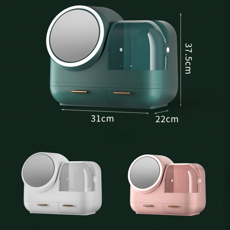 Desktop makeup storage boxes with round mirrors and LED lights in green, pink, and white
