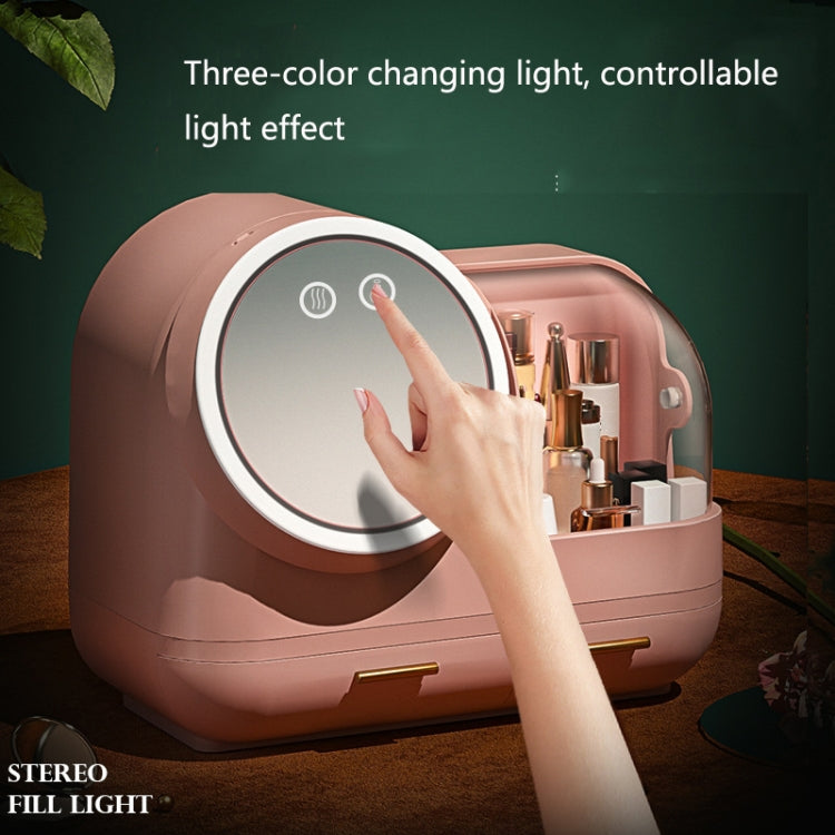 Pink desktop makeup storage box with round mirror and LED touch controls, open storage