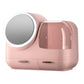 Pink desktop makeup storage box with round mirror, LED ring light, and front drawers