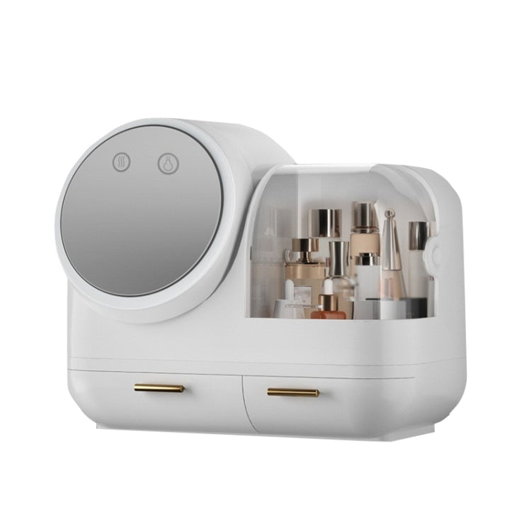 White desktop makeup storage box with round mirror, LED ring light, and front drawers