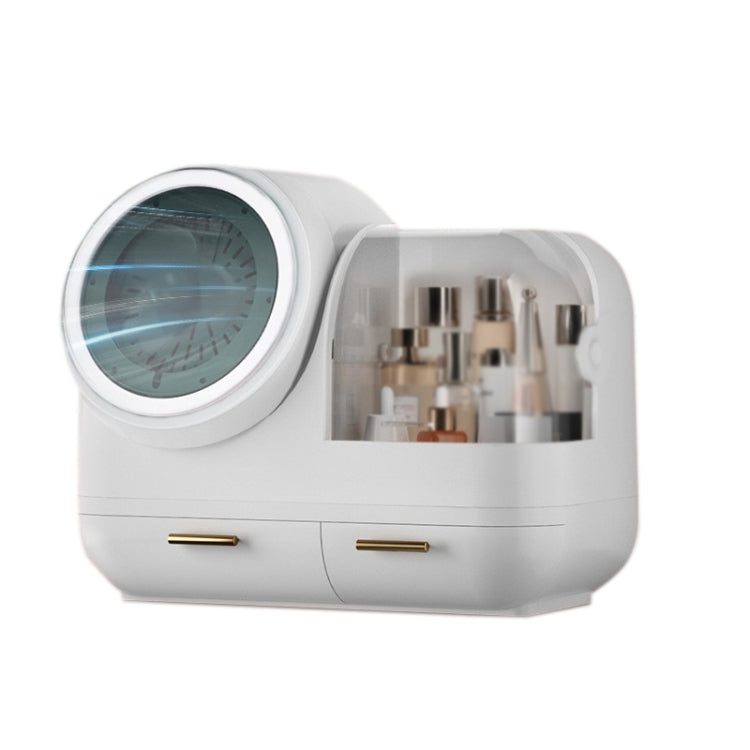 White desktop makeup storage box with fan-style vent, round mirror, and LED ring light