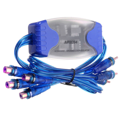 4RCA audio ground loop isolator with blue cables and multi-connector RCA plugs