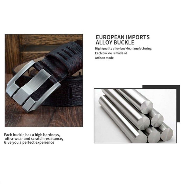 Leather belt pin buckle shown with alloy buckle feature diagram and close-up buckle