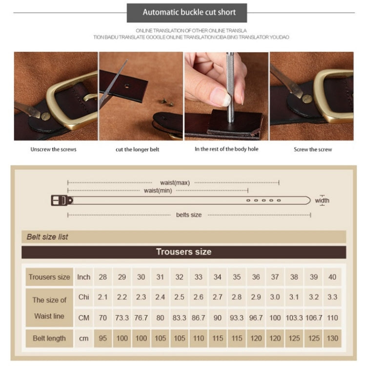 Leather belt sizing chart and buckle instructions diagram for a pin buckle