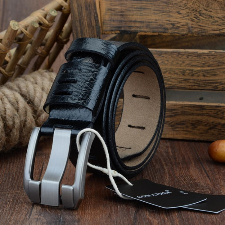 Men's black two-layer leather pin-buckle belt, silver buckle and laced strap end