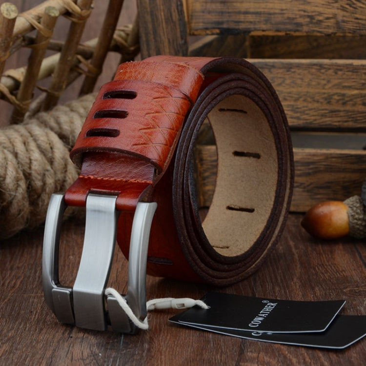 Men's brown two-layer leather pin-buckle belt with silver buckle and laced strap