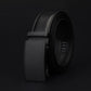 Men's black leather belt with automatic buckle and visible strap stitching detail
