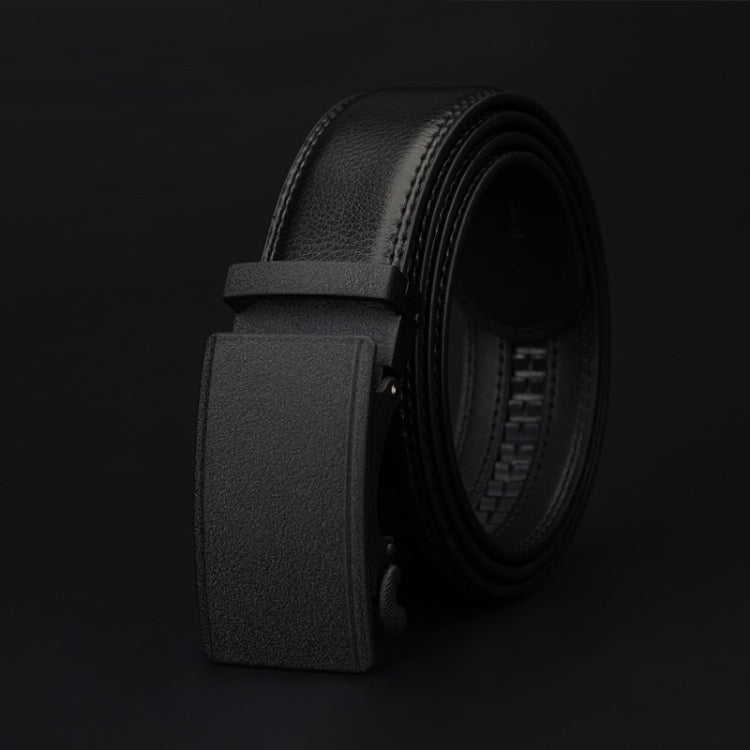 Men's black leather belt with automatic buckle and visible strap stitching detail