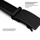 Automatic belt buckle with textured black plate and stitched leather strap