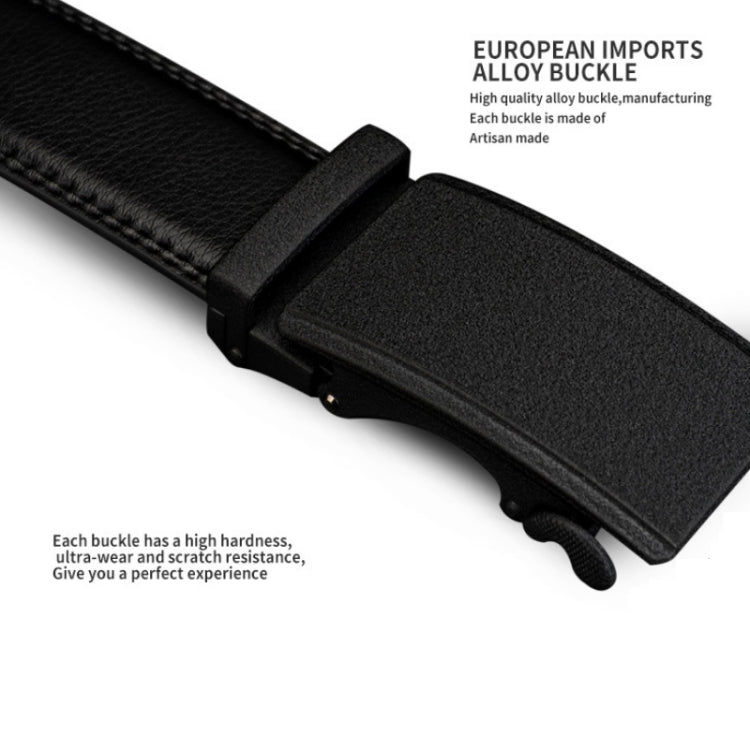 Automatic belt buckle with textured black plate and stitched leather strap