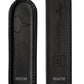 Leather belt end close-up with embossed logo patch and smooth pebbled finish