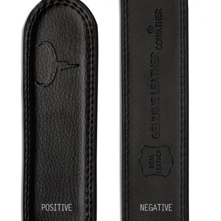 Leather belt end close-up with embossed logo patch and smooth pebbled finish