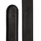 Black leather belt end with embossed brand marking and stitched texture.