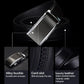 Black leather belt with silver alloy buckle; inset details show buckle and card slot.