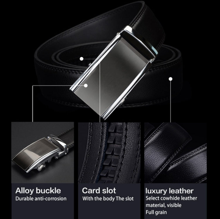 Black leather belt with silver alloy buckle; inset details show buckle and card slot.