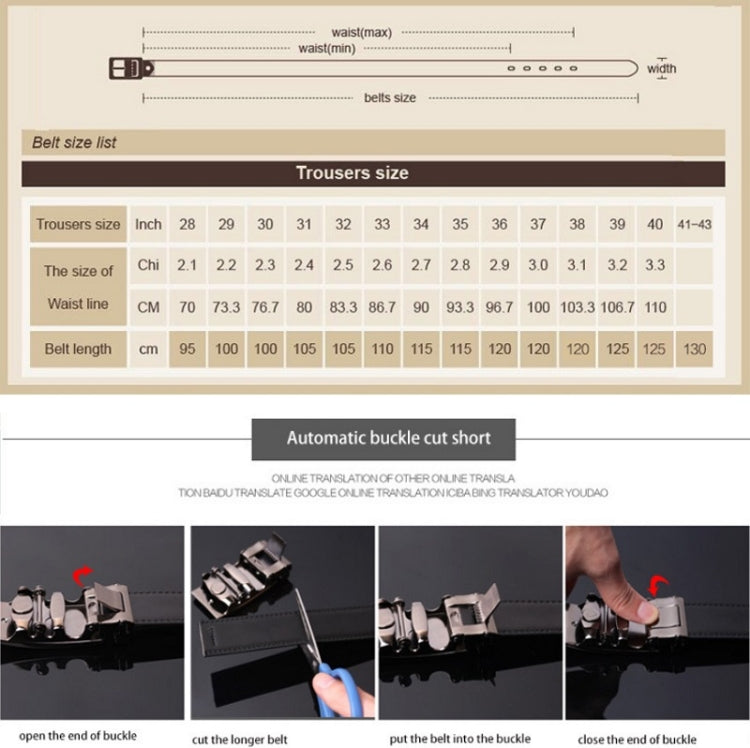 Men’s two-layer automatic buckle belt size guide diagram with buckle and belt ends