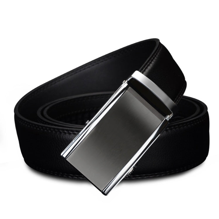 Black leather casual belt with silver automatic buckle and stitched edges.