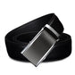 Black leather belt with silver automatic buckle angled view, visible stitching detail.