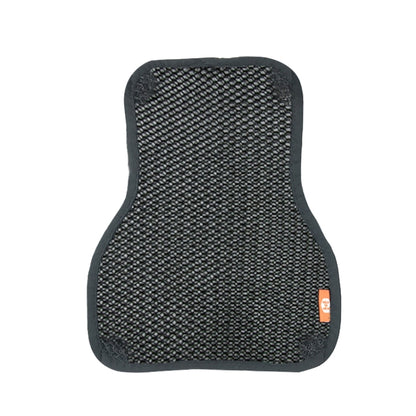 Motorcycle seat cover cushion in black 3D grid mesh with rounded edges and orange label