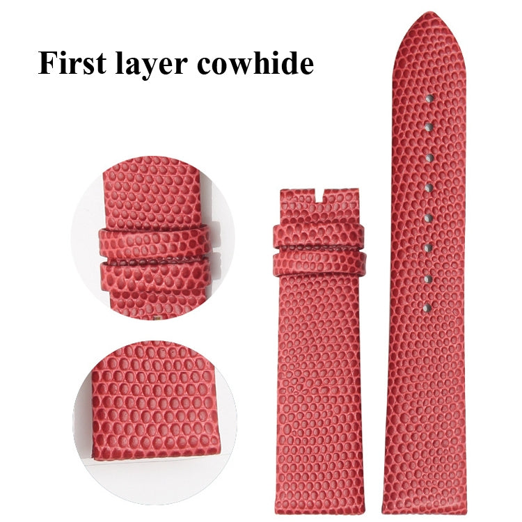 Red textured calfskin lizard-pattern watch strap with pin buckle close-up