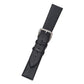 Black calfskin lizard-pattern watch strap with silver pin buckle, end view