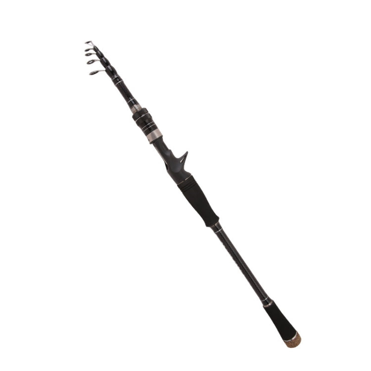 Telescopic casting rod with carbon-look blank, curved black grip, and multiple metal line guides