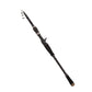 Telescopic casting rod with carbon-look blank, curved black handle grip, and guide rings