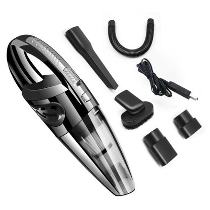 Black handheld wet and dry car vacuum with transparent dust cup and nozzle attachment