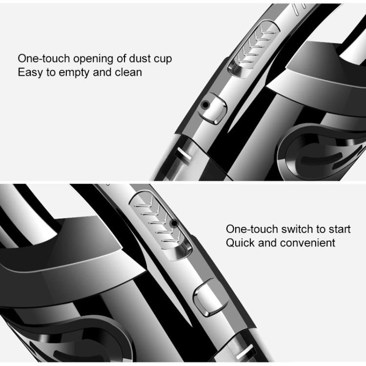 One-touch dust cup opening and start switch on handheld wet dry car vacuum, black and silver