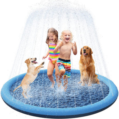 Blue PVC pet sprinkler mat with water spray, children and dogs playing on the pool surface.