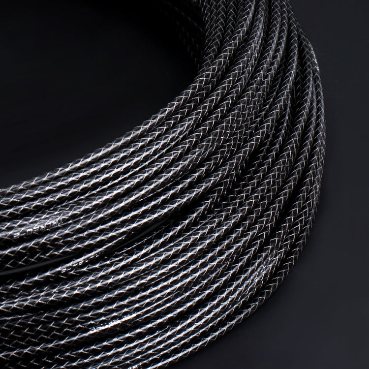 5mm braided cable tube, black with silver-thread weave, coiled bundle