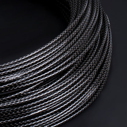 5mm braided cable tube, black with silver-thread weave, coiled bundle