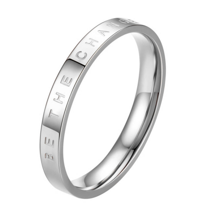 Polished narrow ring in silver tone, electroplated steel with engraved inner lettering.