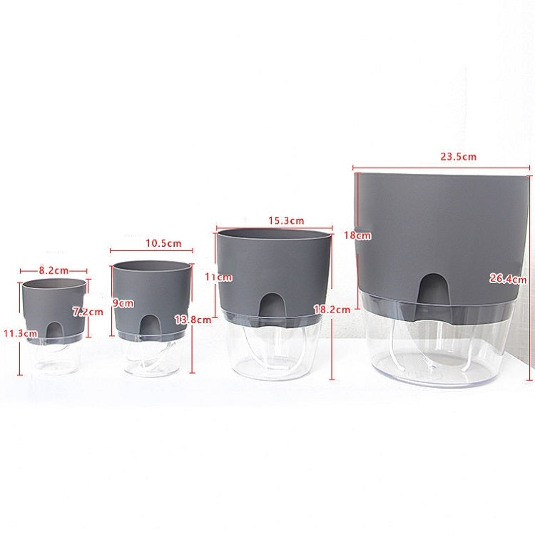 Transparent double-layer flowerpot size chart showing four capacities with dimensions