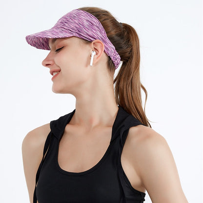 Sports visor headband in purple heather knit with curved brim and elastic back