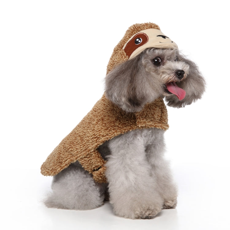 Brown sloth pet costume hooded top with cartoon face and paw-length sleeves