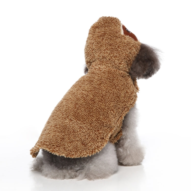 Brown sloth pet costume dress with hood, back/side view on small dog