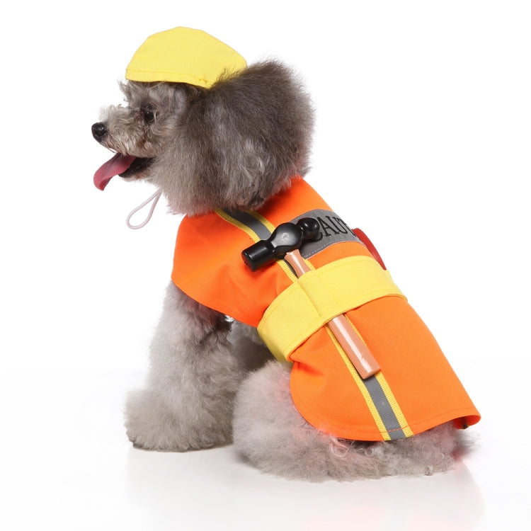 Pet dress-up costume in orange with yellow cap and black chest strap detail