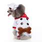 Pet white hoodie costume with red trim, bear applique, and buttoned eyes