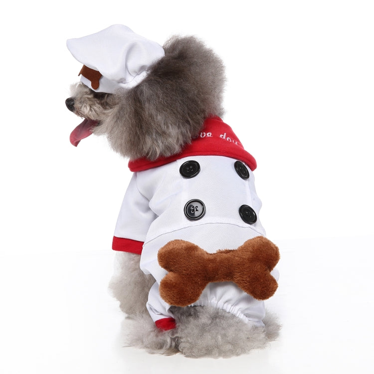 Pet white hoodie costume with red trim, bear applique, and buttoned eyes
