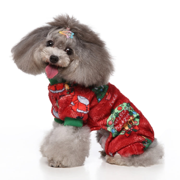 Front view of pet holiday red patterned costume with green cuffs and star accessory