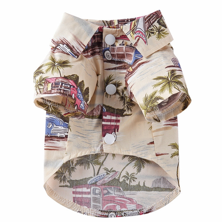 Cream dog summer shirt with button front and beach vehicle palm print