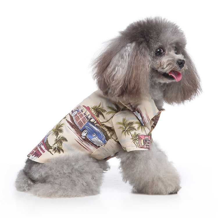 Beige dog summer shirt with vintage caravan, car, and palm tree print