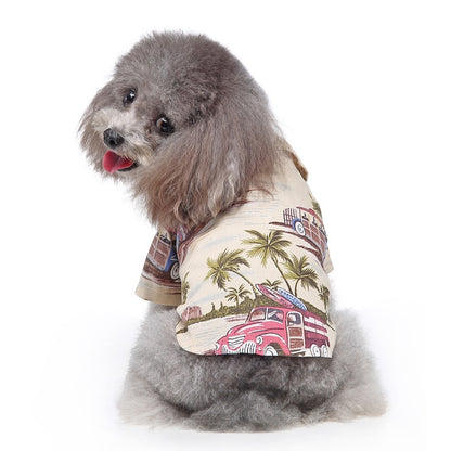 Beige dog summer shirt with colorful van and palm tree print